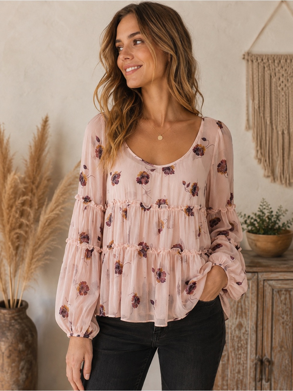 CINQ À SEPT 5a7 Blush Pink Floral Sheer Tiered Boho Blouse XS Romantic Feminine - Picture 1 of 4